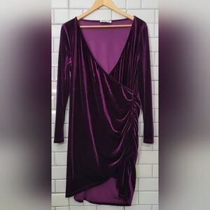Halcyeen Ladies Purple Velour Velvet Dress Faux Wrap Front Deep V-Neck Long Slee